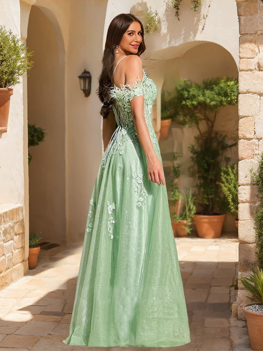 A-Line/Princess Cold-Shoulder Appliques Tulle Formal Dresses with Feathers