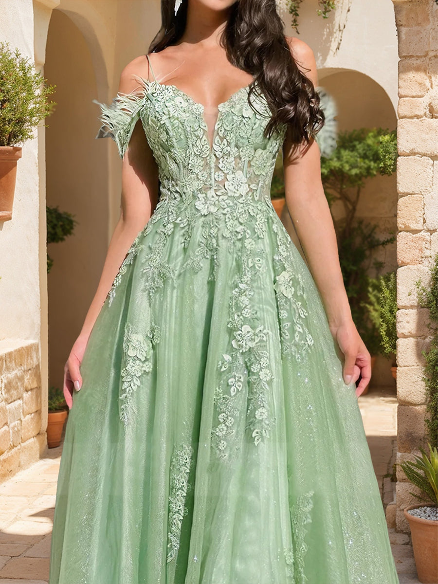 A-Line/Princess Cold-Shoulder Appliques Tulle Formal Dresses with Feathers