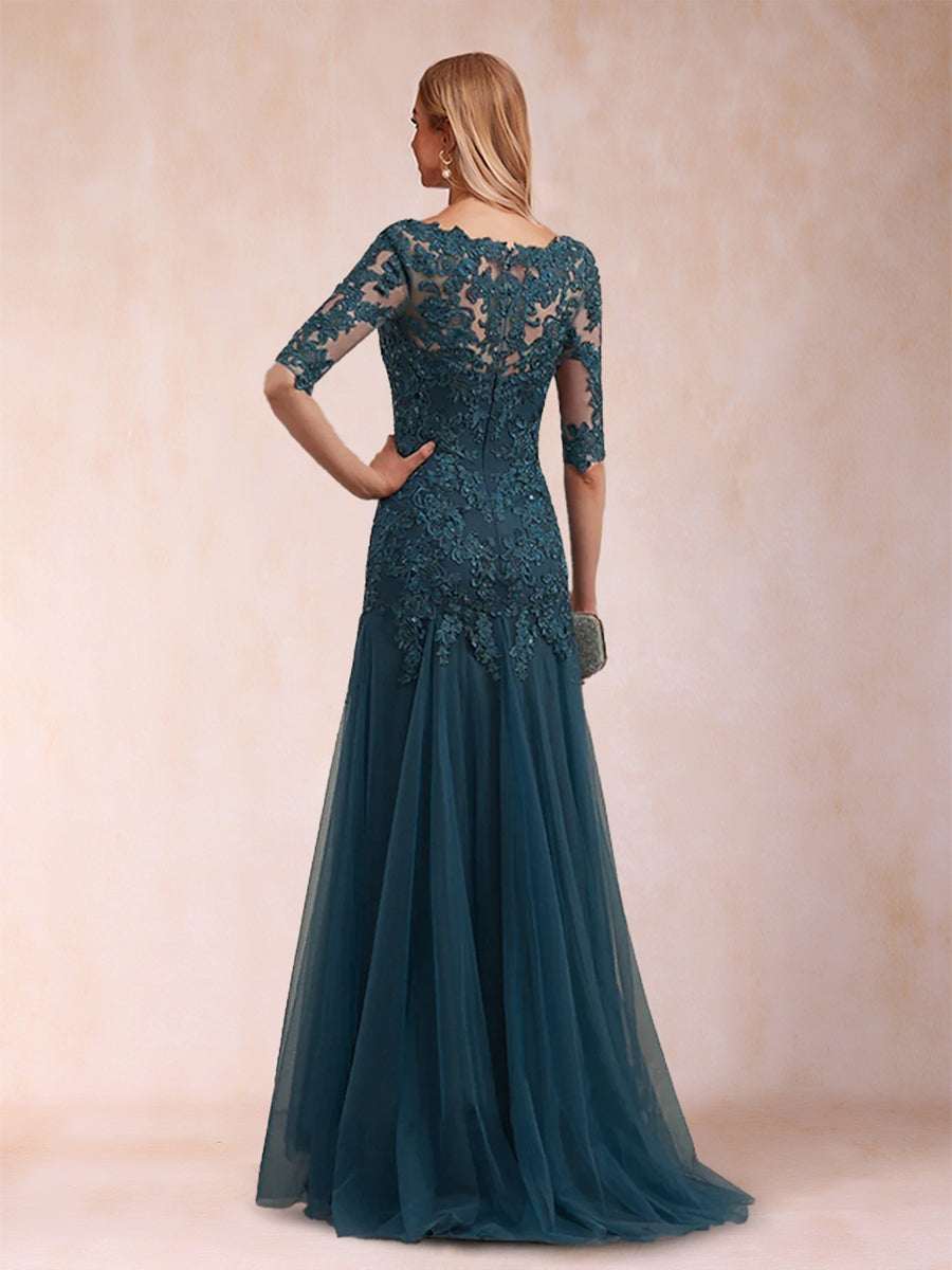 Trumpet/Mermaid V-Neck Half Sleeves Long Mother of the Bride Dresses with Appliques