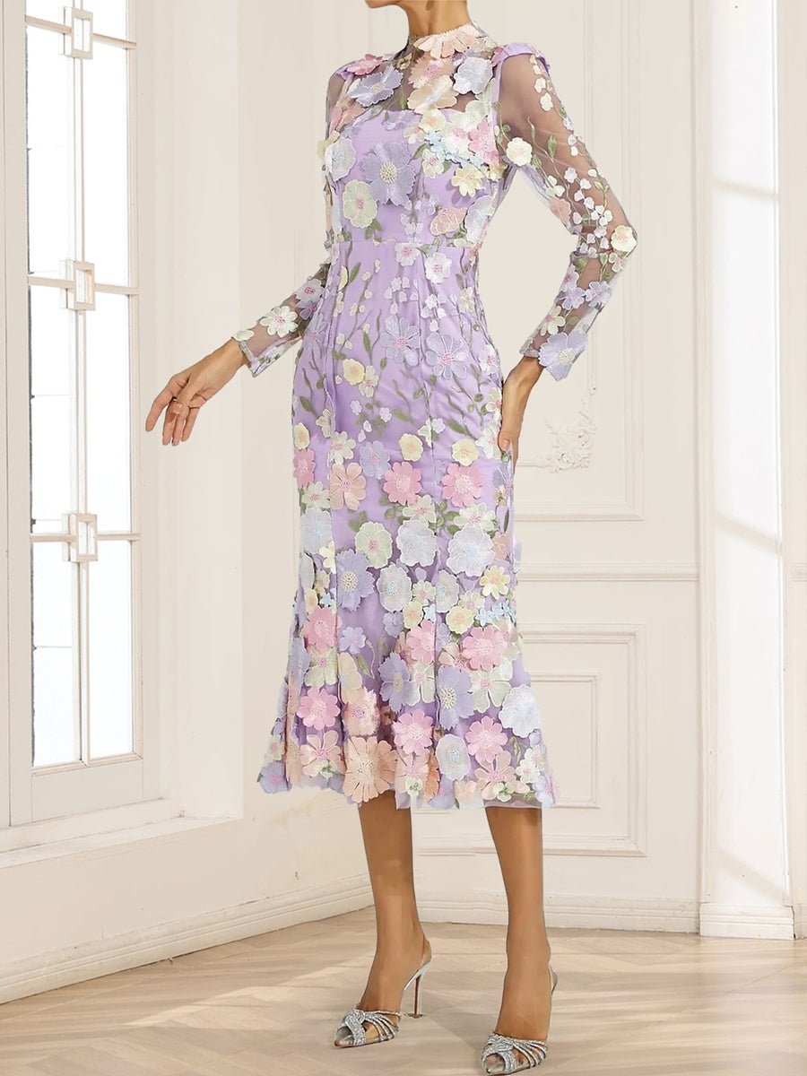 Sheath/Column High Neck Tea-Length Long Sleeves Floral Mother of the Bride Dresses with Appliques