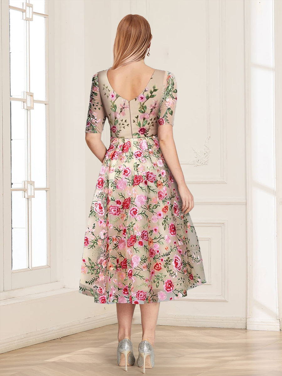 A-Line/Princess Scoop Half Sleeves Tea-Length Vintage Mother of the Bride Dresses with Embroidery Appliques