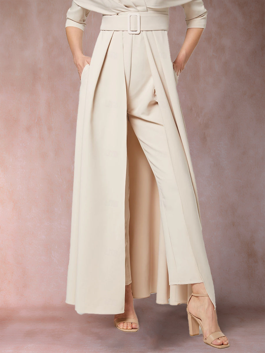 Chiffon V-Neck 3/4 Sleeves Floor-Length Pleated Mother of the Bride Pantsuits with Sash