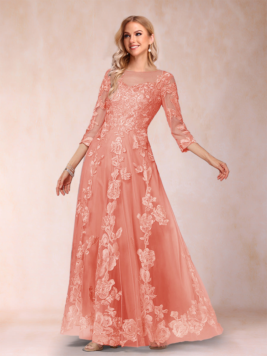 A-Line/Princess Illusion Scoop Floor-Length 3/4 Sleeves Mother of the Bride Dresses with Appliques
