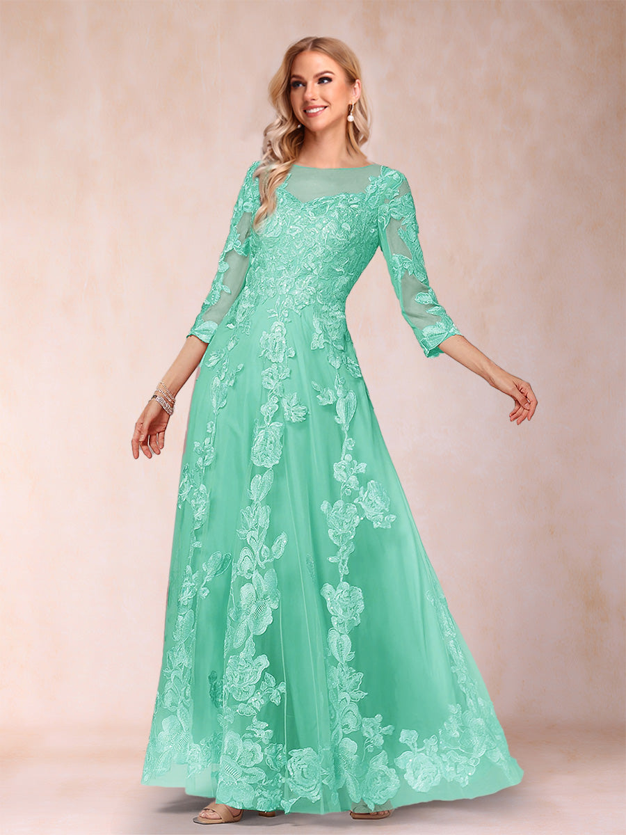 A-Line/Princess Illusion Scoop Floor-Length 3/4 Sleeves Mother of the Bride Dresses with Appliques