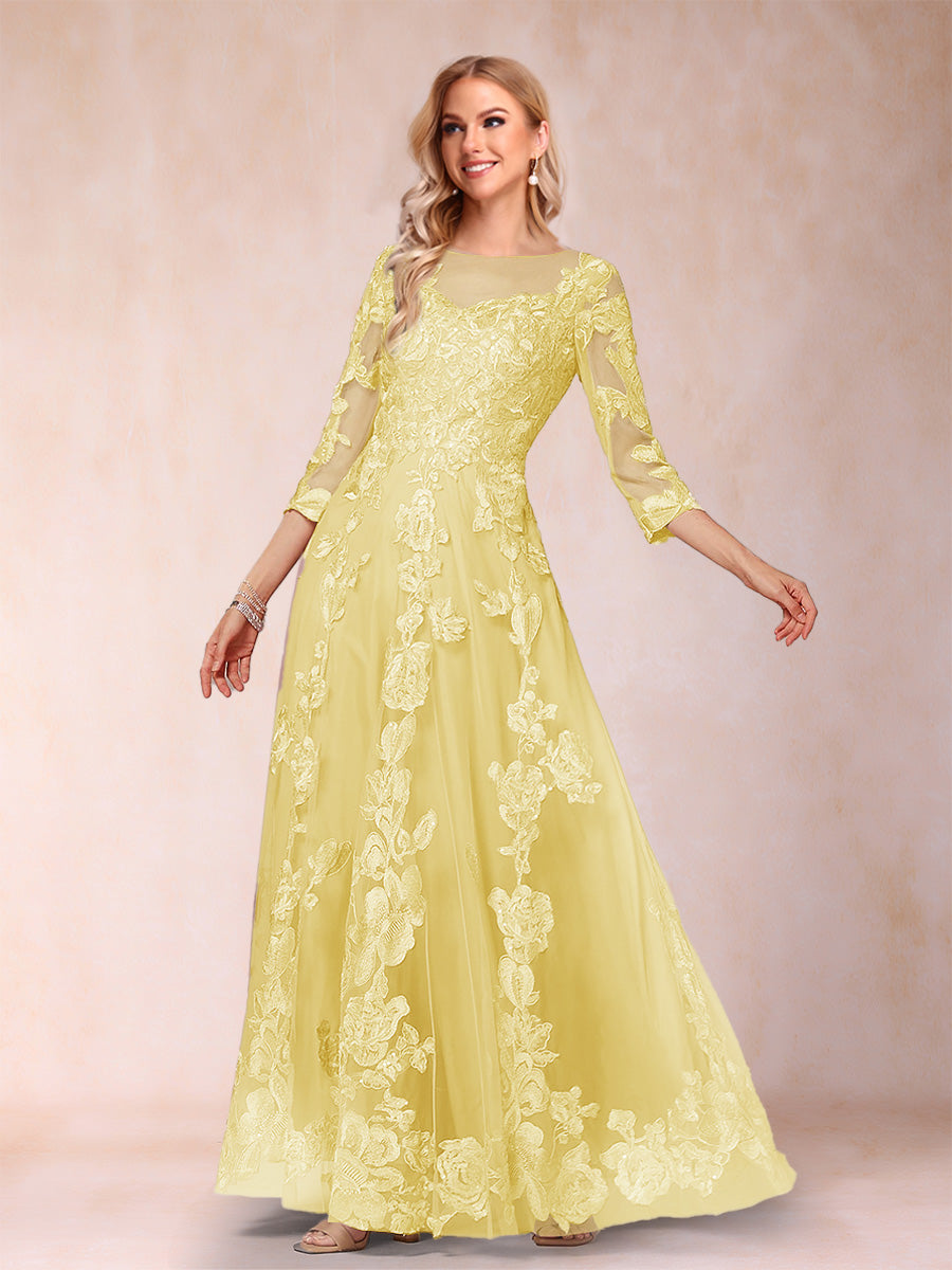 A-Line/Princess Illusion Scoop Floor-Length 3/4 Sleeves Mother of the Bride Dresses with Appliques