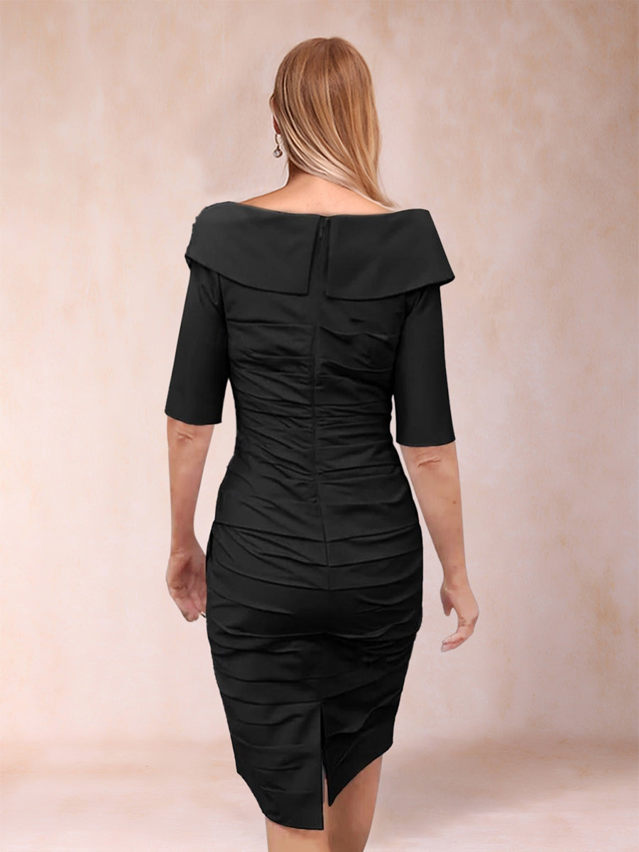 Sheath/Column Off-the-Shoulder Knee-Length 3/4 Sleeves Pleated Mother of the Bride Dresses