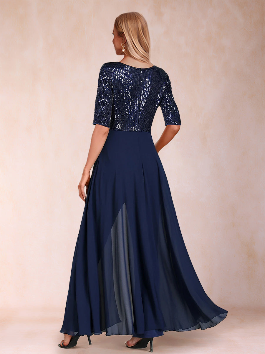 Sequin V-Neck Half Sleeves Floor-Length Mother of the Bride Pantsuits with Bow