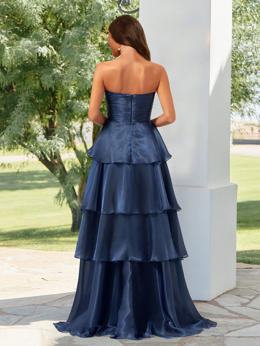 A-Line/Princess Strapless Ruffle Tiered Formal Dresses with Split Side