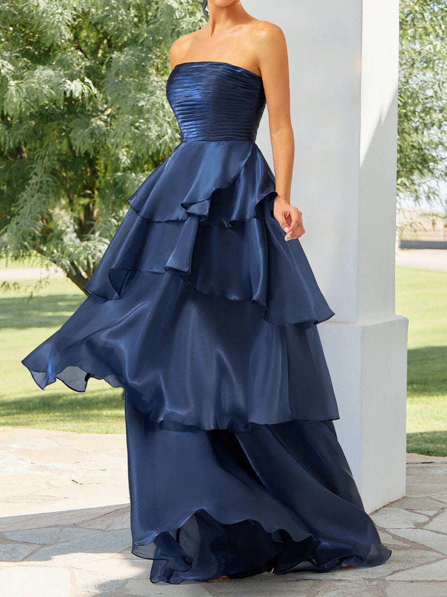 A-Line/Princess Strapless Ruffle Tiered Formal Dresses with Split Side