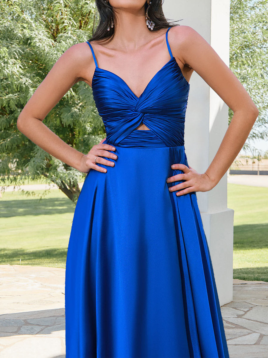 A-Line/Princess V-Neck Straps Floor-Length Pleated Long Bridesmaid Dresses