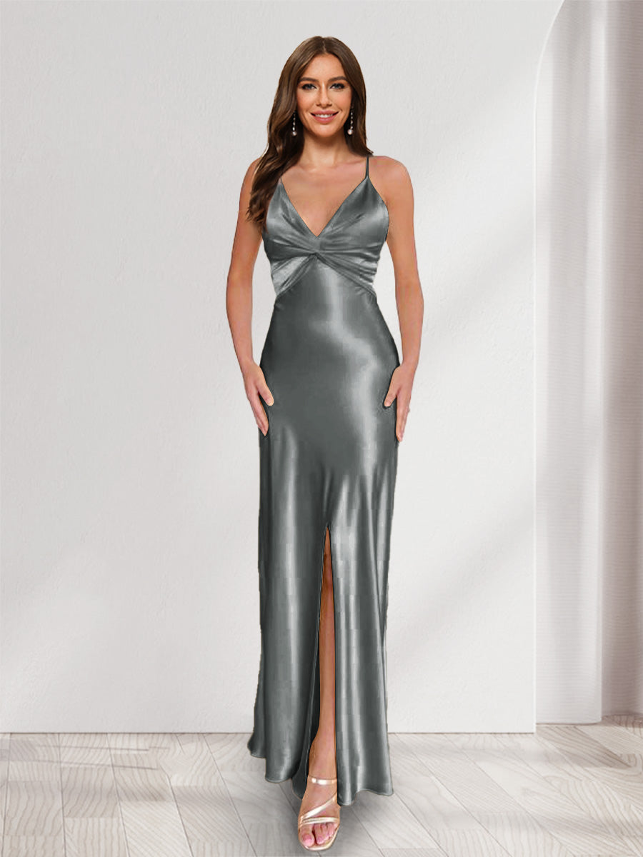 Sheath/Column Straps V-Neck Pleated Long Bridesmaid Dresses with Split Side