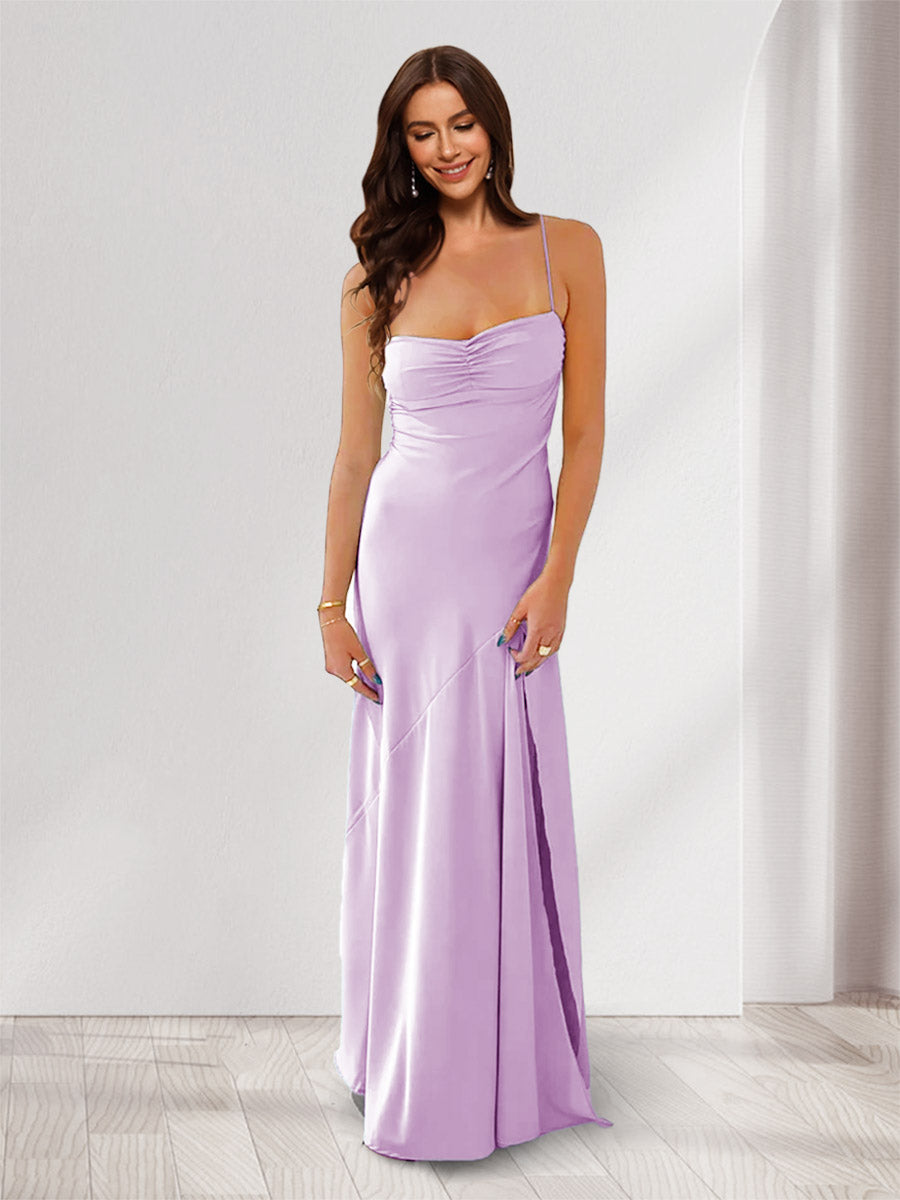 Sheath/Column Spaghetti Straps Pleated Long Bridesmaid Dresses with Split Side