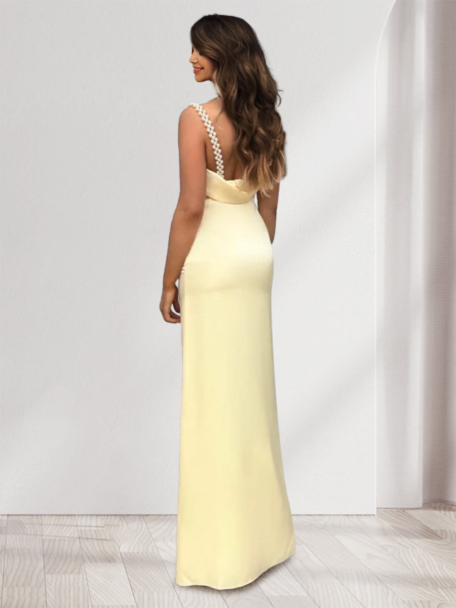 Sheath/Column Cowl Neck Beaded Straps Floor-Length Long Bridesmaid Dresses