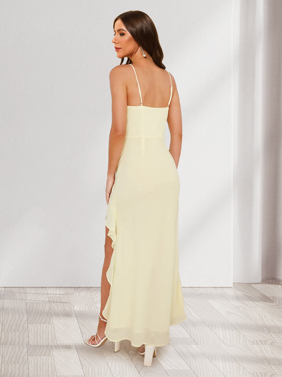 Sheath/Column Straps Sweetheart Frill Long Bridesmaid Dresses with Ruffles