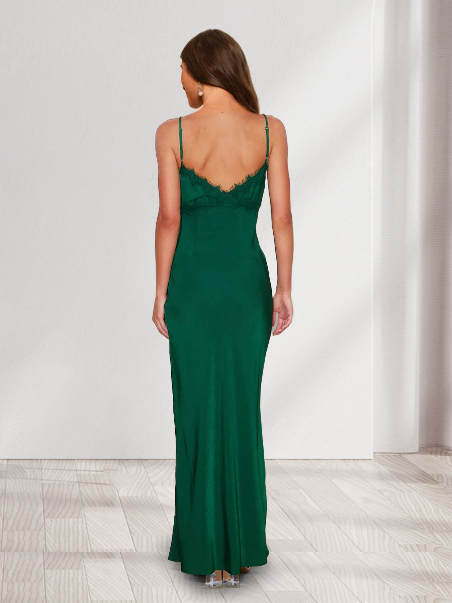 Sheath/Column Straps V-Neck Lace Fitted Long Bridesmaid Dresses