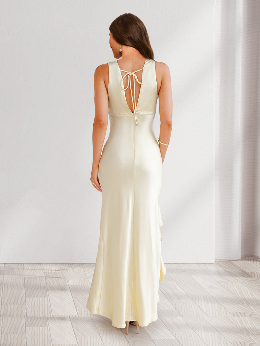 Sheath/Column Cowl Neck Tie Back Slit Long Bridesmaid Dresses with Ruffles