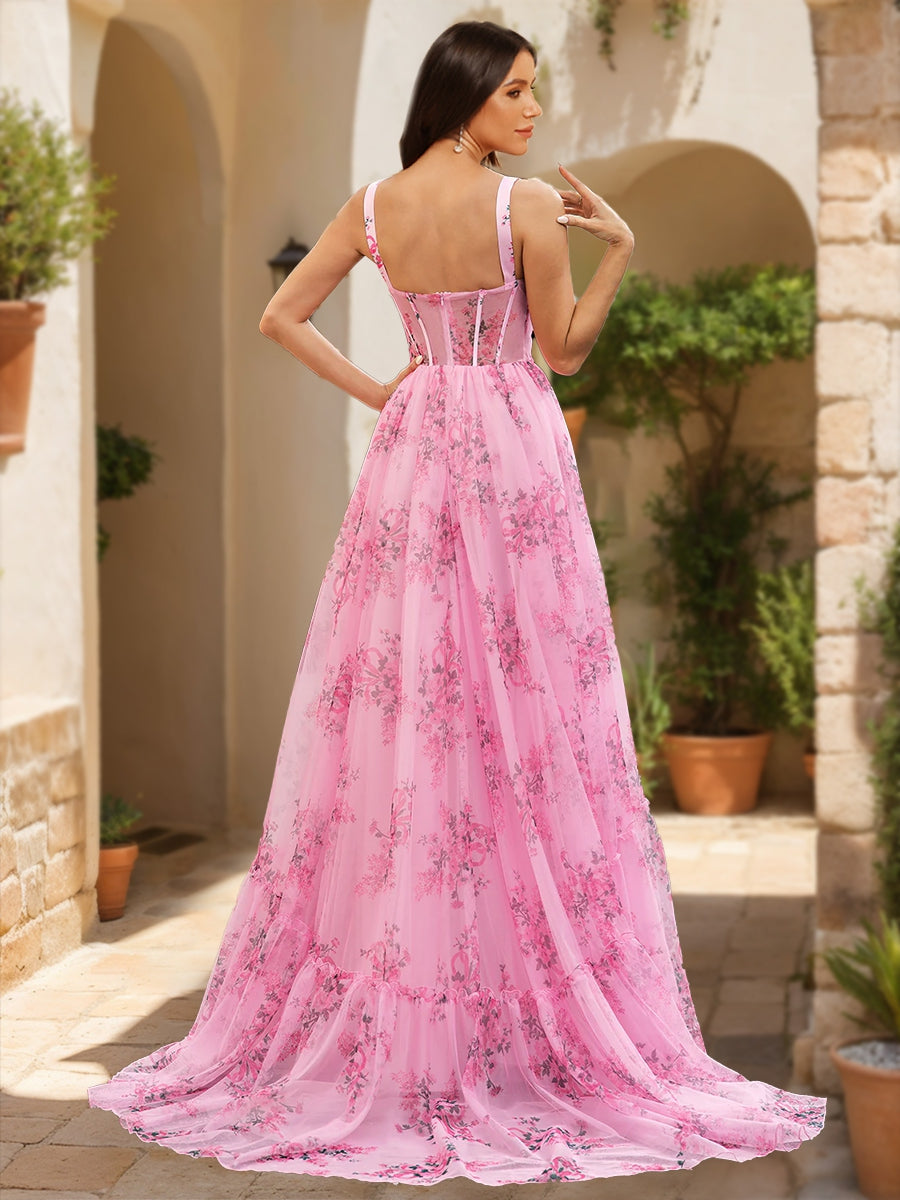 A-Line/Princess Straps Printed Floral Princess Dress Long Formal Dresses