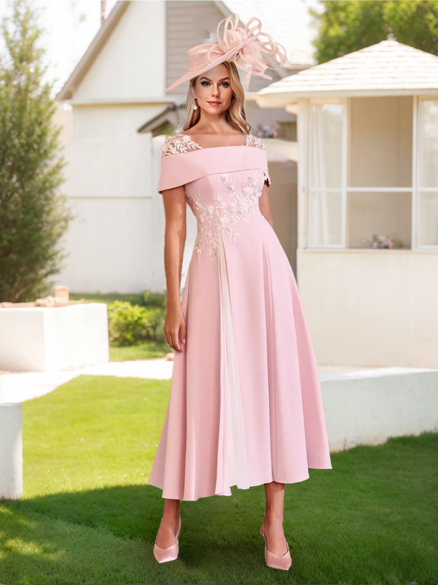 A-Line/Princess Square Neck Short Sleeves Pleated Mother of the Bride Dresses with Appliques