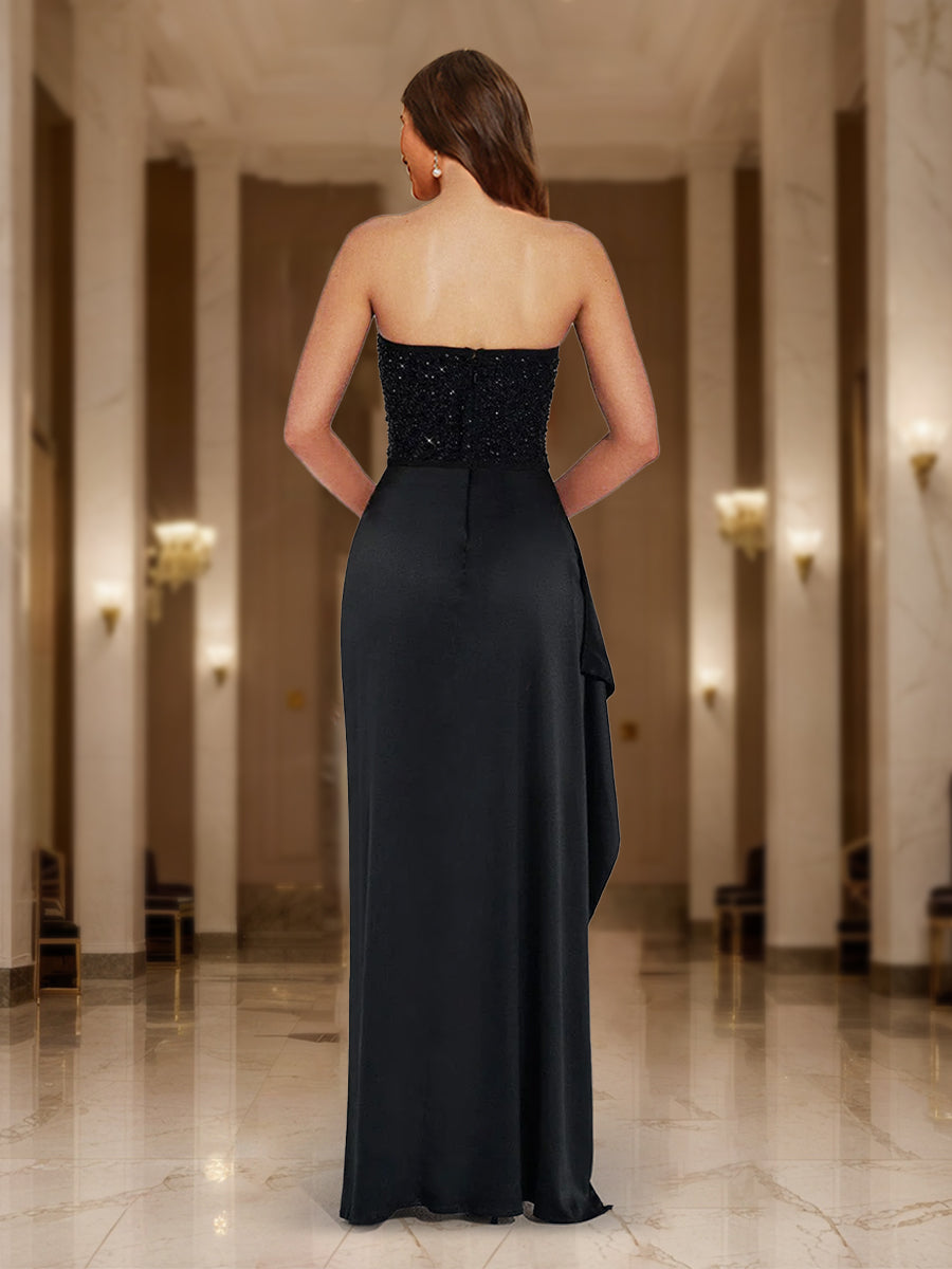 Sheath/Column Strapless Sequin Bodice Ruffle Party Dresses Long Formal Dresses
