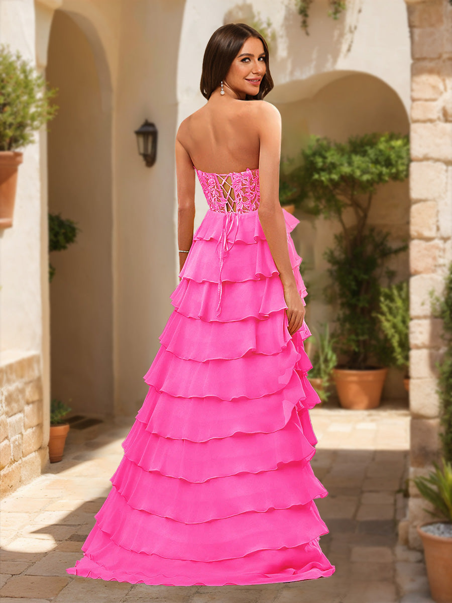 A-Line/Princess Sweetheart Sheer Corset Appliques Ruffle Formal Dresses