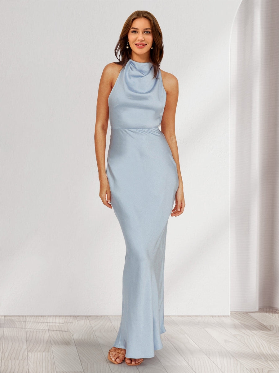 Sheath/Column Halter Sleeveless Maxi Dresses Long Bridesmaid Dresses with Pearls