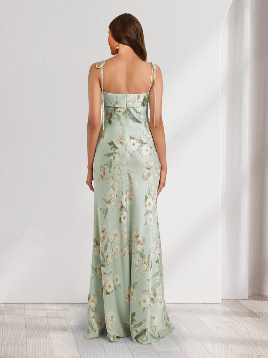 Sheath/Column Tie Straps Sleeveless Printed Floral Bridesmaid Dresses with Split Side