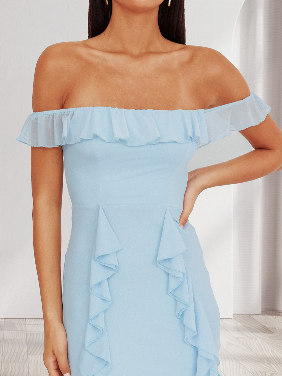 Sheath/Column Ruffle Off-the-Shoulder Maxi Dresses Long Bridesmaid Dresses