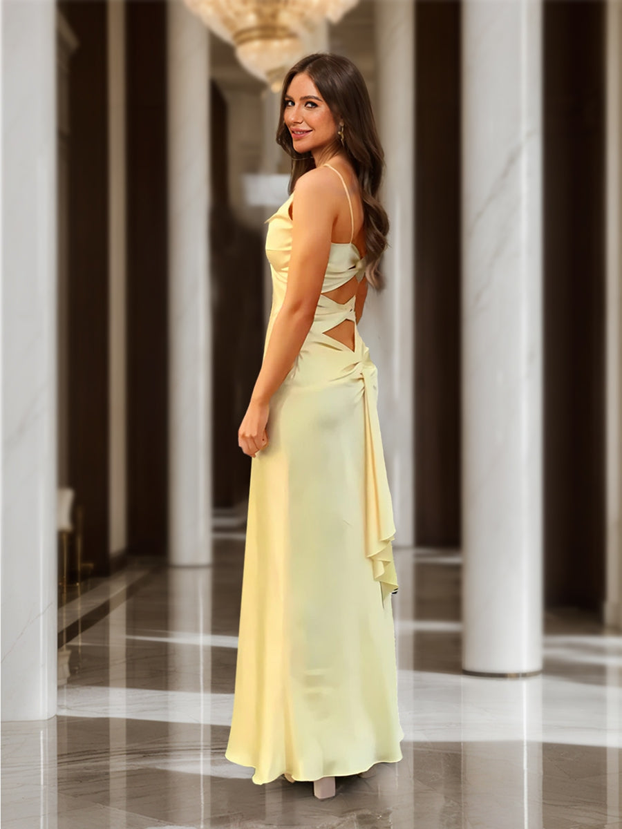 Sheath/Column Spaghetti Straps V-Neck Ruched Maxi Dresses Long Party Dresses with Slit