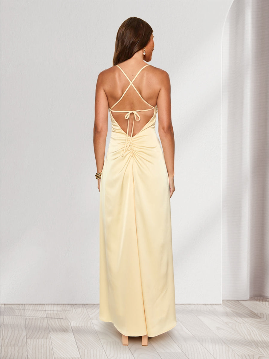 A-Line/Princess Spaghetti Straps Long Bridesmaid Dresses with Ruches & Lace-Up