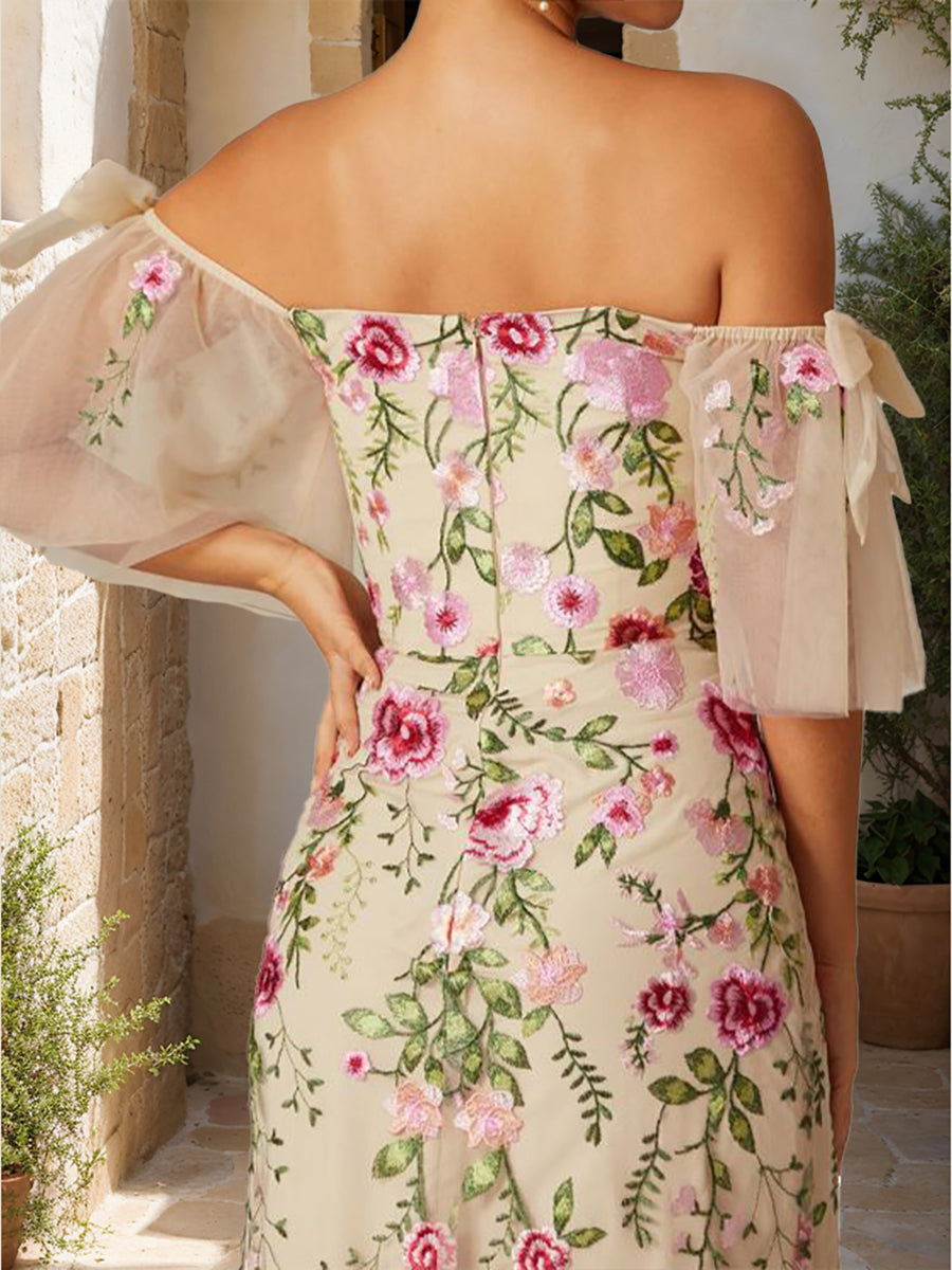 Trumpet/Mermaid Off-the-Shoulder Short Sleeves Long Formal Dresses with Embroidery & Bow