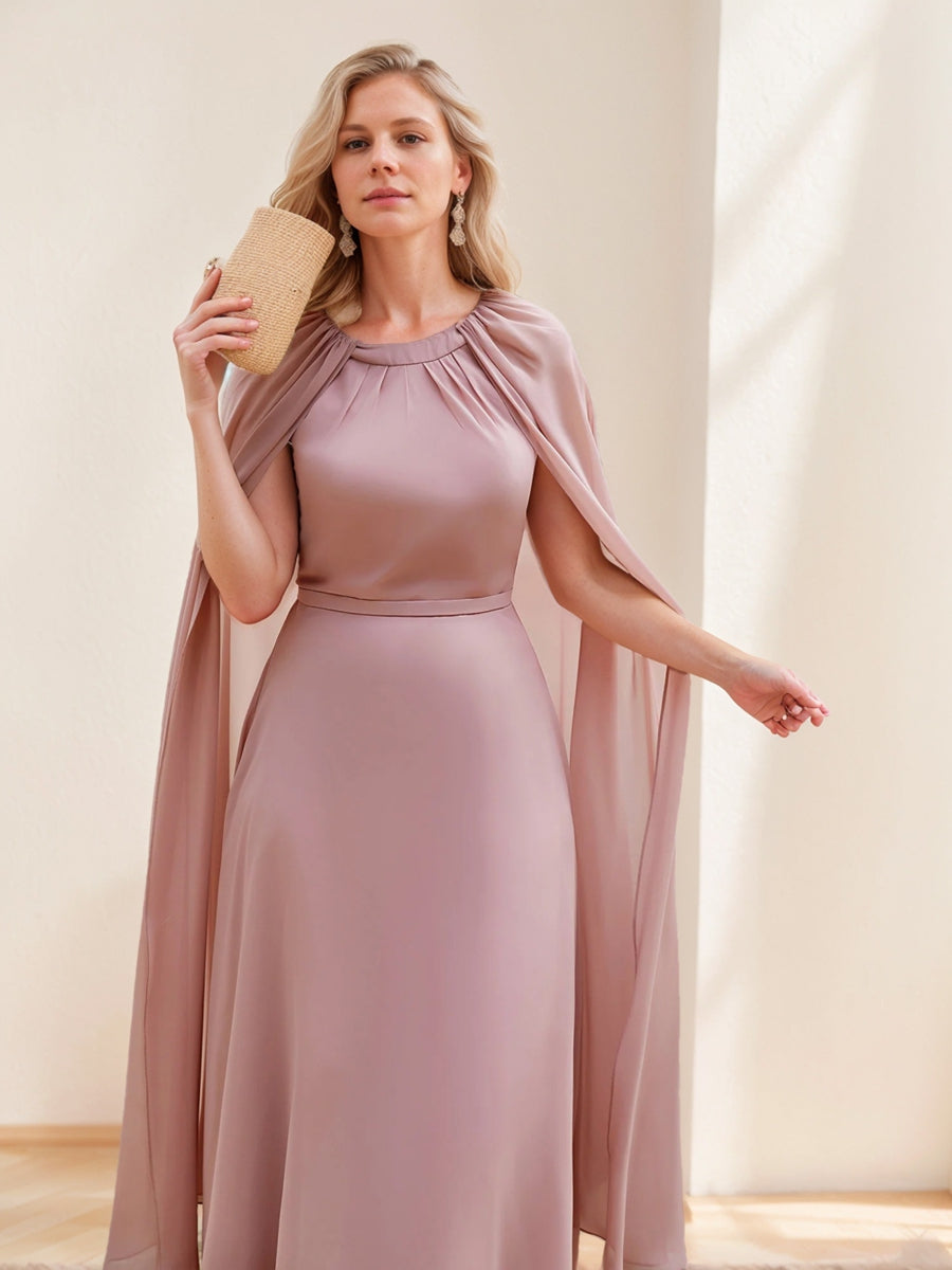 A-Line/Princess Jewel-Neck Ankle-Length Chiffon Mother of the Bride Dresses with Cape