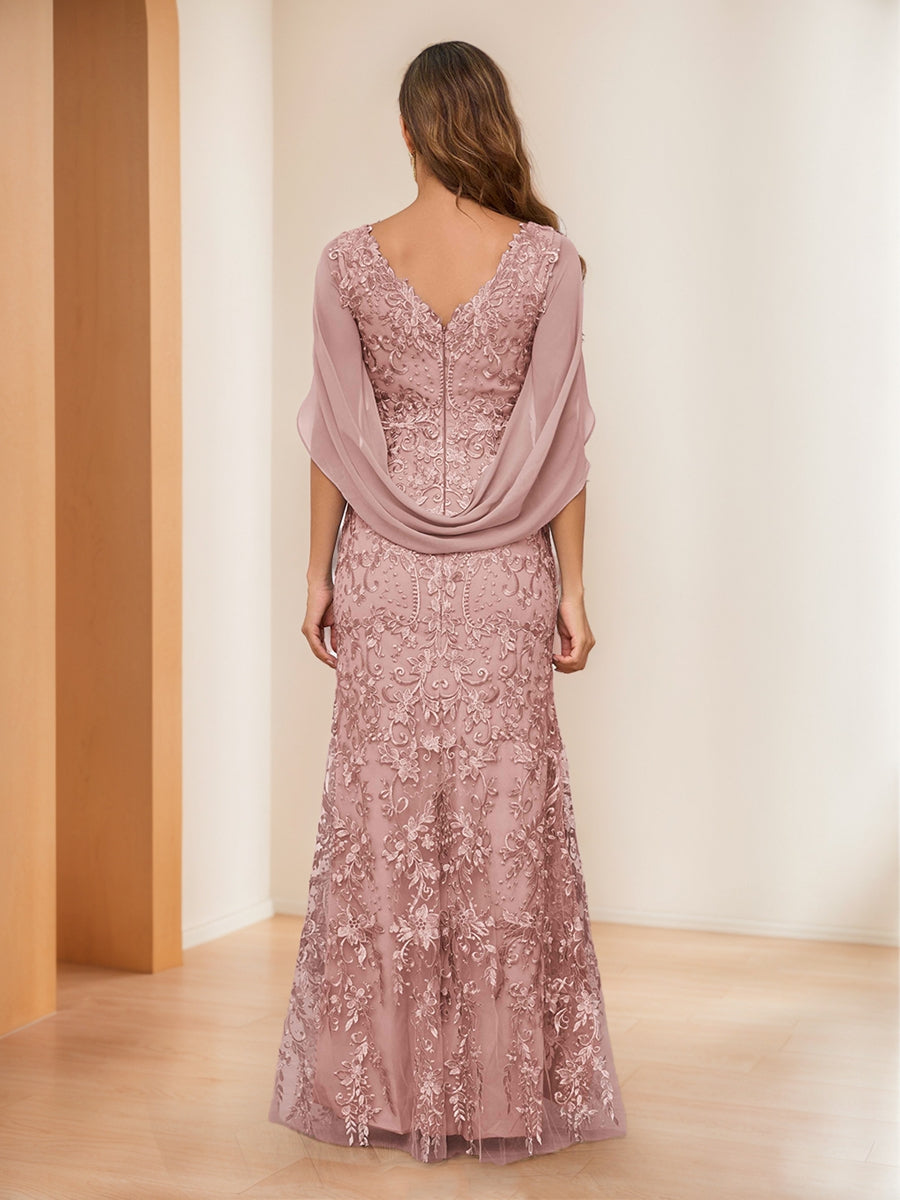 Sheath/Column V-Neck Short Sleeves Appliques Mother of the Bride Dresses with Cape