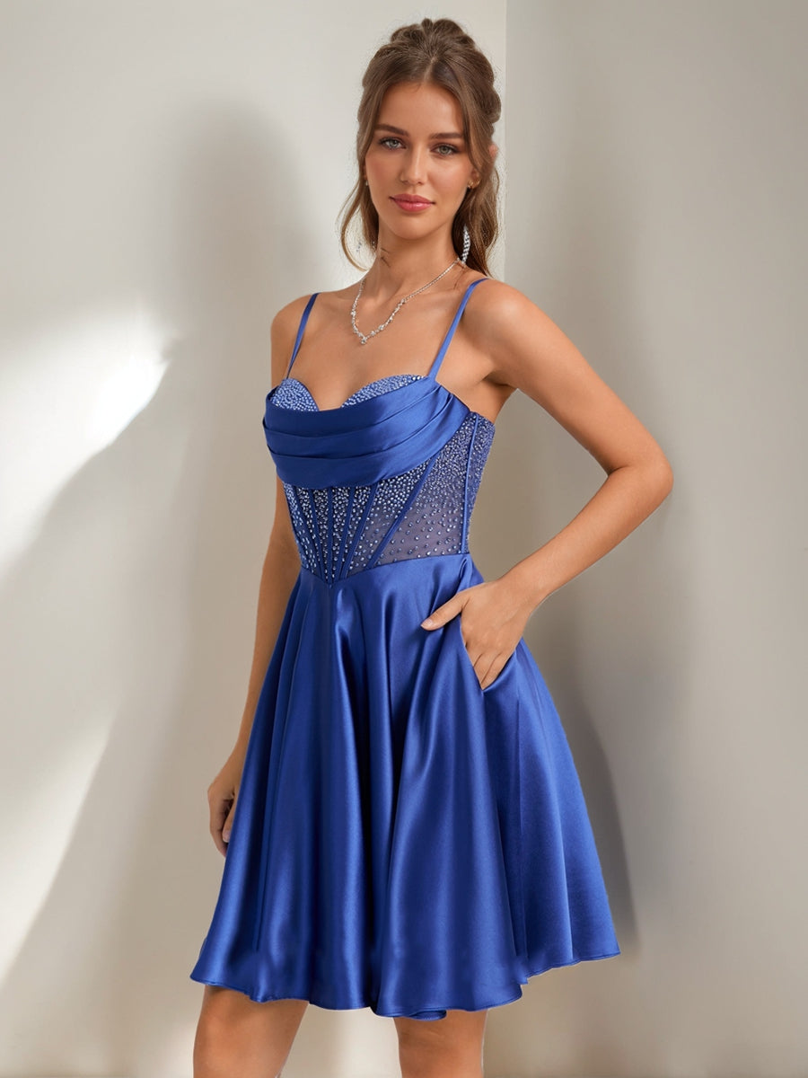 A-Line/Princess Cowl Straps Sleeveless Pleated Short Semi Formal Dresses with Rhinestones