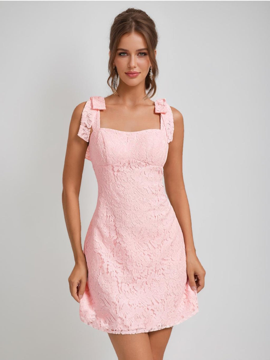 Sheath/Column Square Sleeveless Lace Mini Dresses Short Semi Formal Dresses with Bow