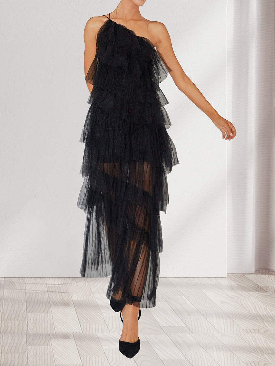 A-Line/Princess Tulle One Shoulder Maxi Wedding Guest Dresses with Tiered Ruffles