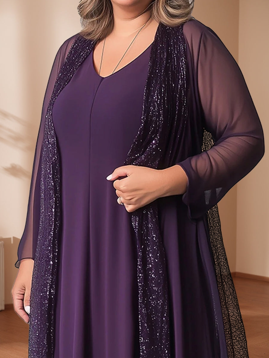 Sparkly Chiffon A-Line/Princess V-Neck Long Sleeves Tea-Length Mother of the Bride Dresses