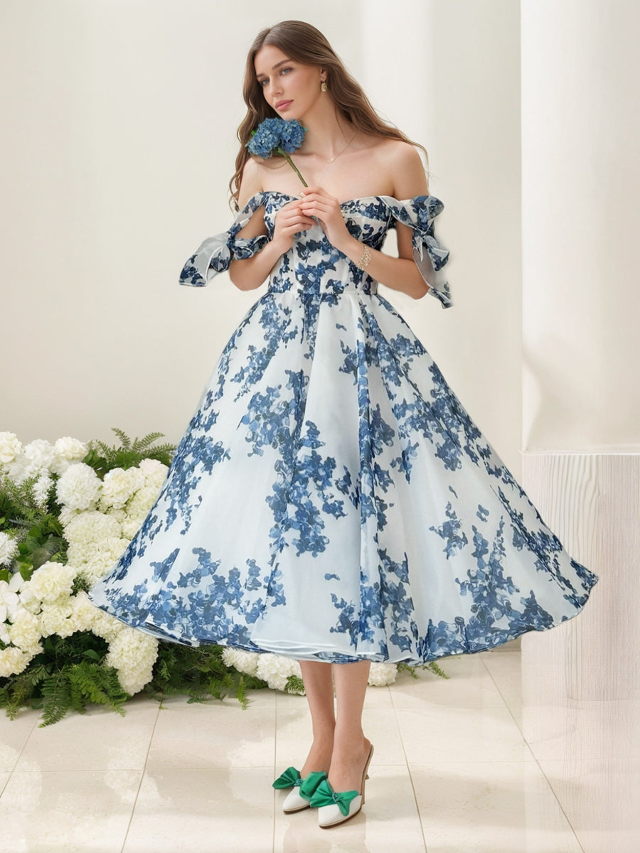 A-Line/Princess Off-the-Shoulder Sleeveless Tea-Length Floral Formal Dresses