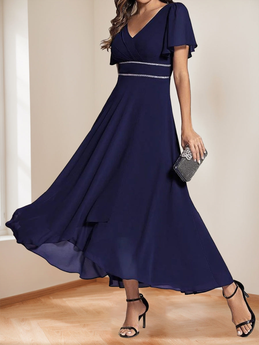 A-Line/Princess V-Neck Short Sleeves Floor-Length Chiffon Mother of the Bride Dresses