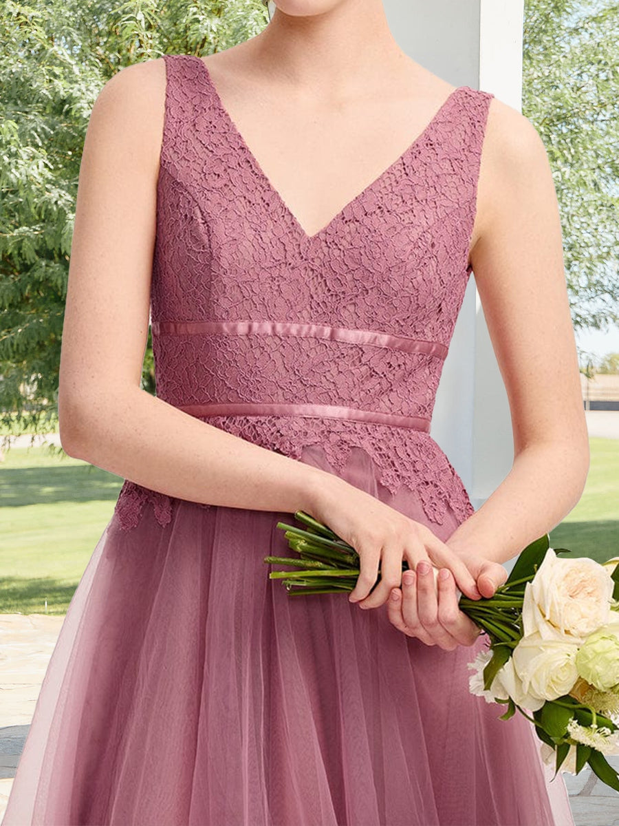 A-Line/Princess V-Neck Sleeveless Ankle-Length Wedding Guest Dresses With Lace Applique