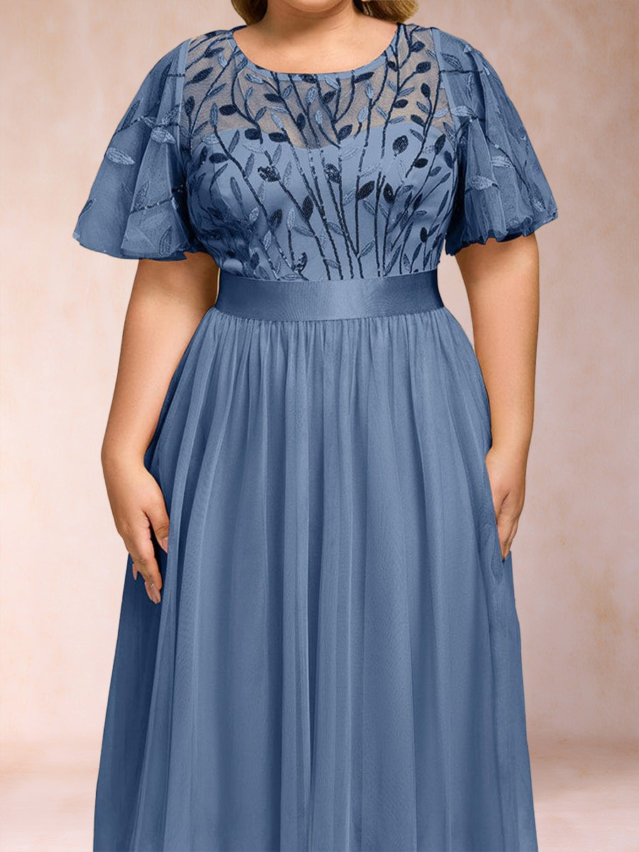 A-Line/Princess Scoop Short Ruffle Sleeves Tea-Length Mother of the Bride Dresses with Sequin Leaf