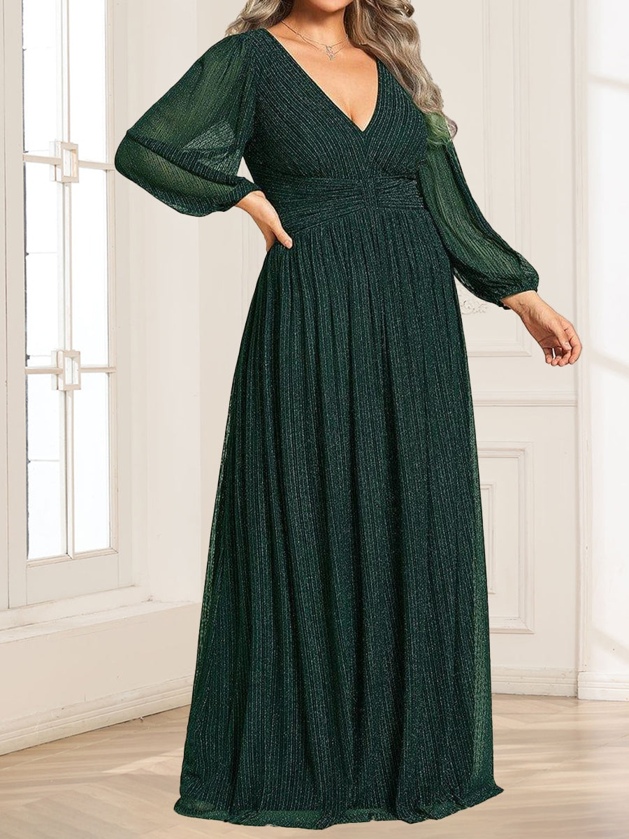 A-Line/Princess V-Neck Long Sleeves Ruched Plus Size Mother of the Bride Dresses