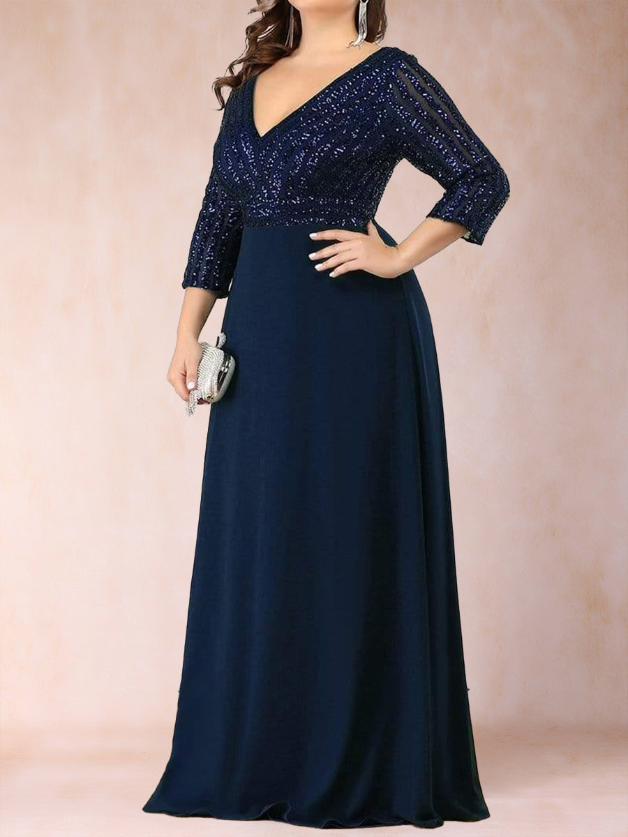 A-Line/Princess V-Neck 3/4 sleeves Long Plus Size Mother of the Bride Dresses With Sequins