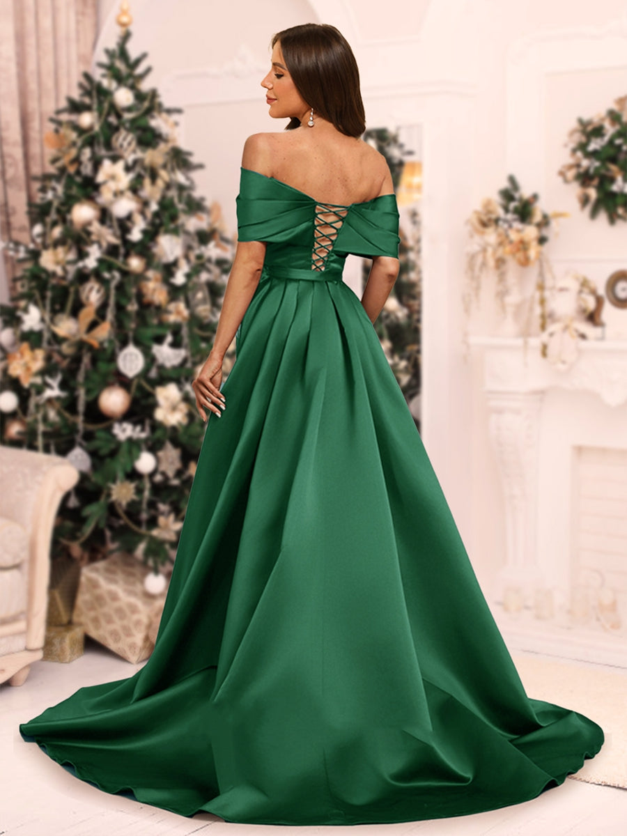 Sheath/Column Off the Shoulder Floor-Length Detachable Christmas Dresses with Overskirt & Appliques
