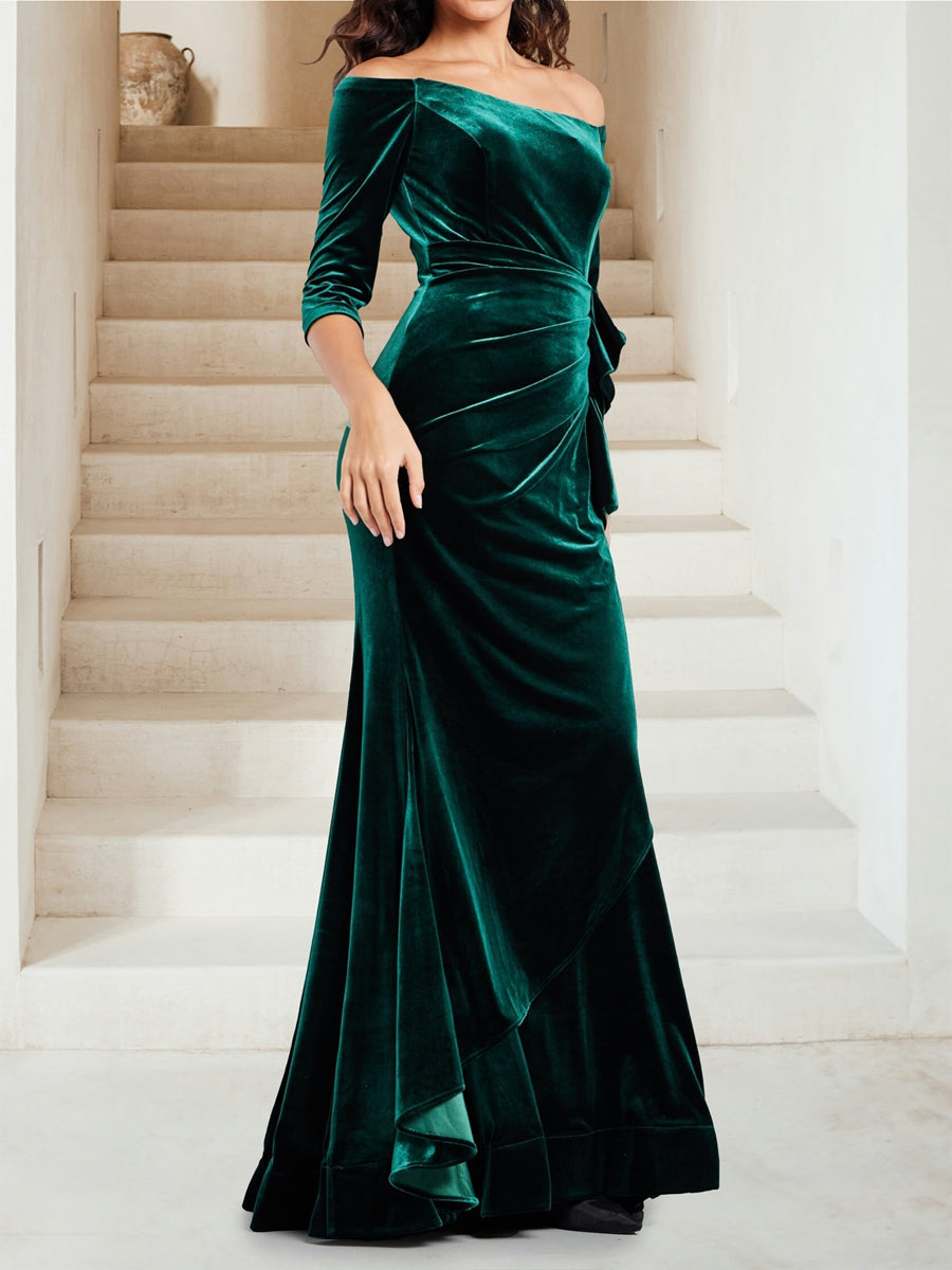 Velvet Trumpet/Mermaid Off-the-Shoulder 3/4 Sleeves Floor-Length Evening Dresses with Ruffles
