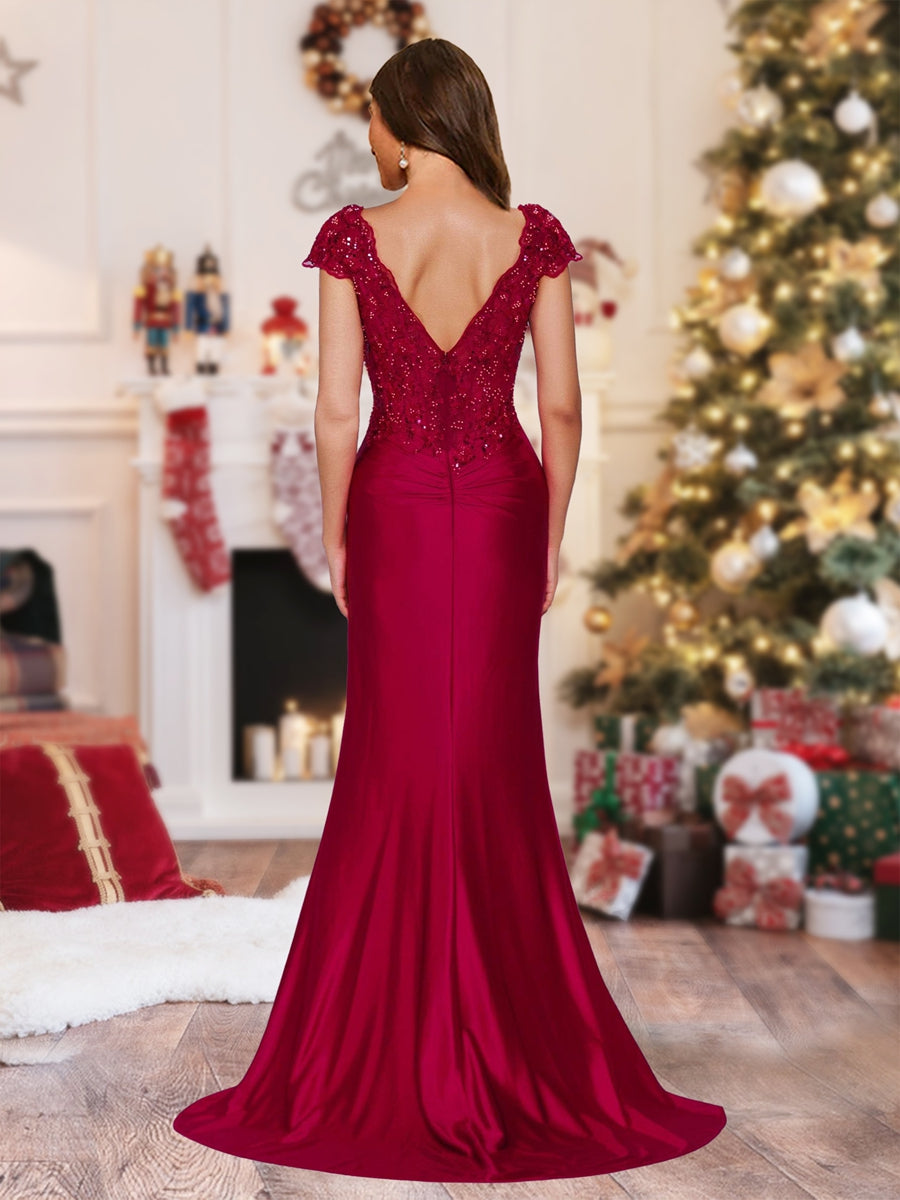 Sheath/Column V-Neck Sweep Brush Train Ruched Christmas Dresses with Sequin Appliques
