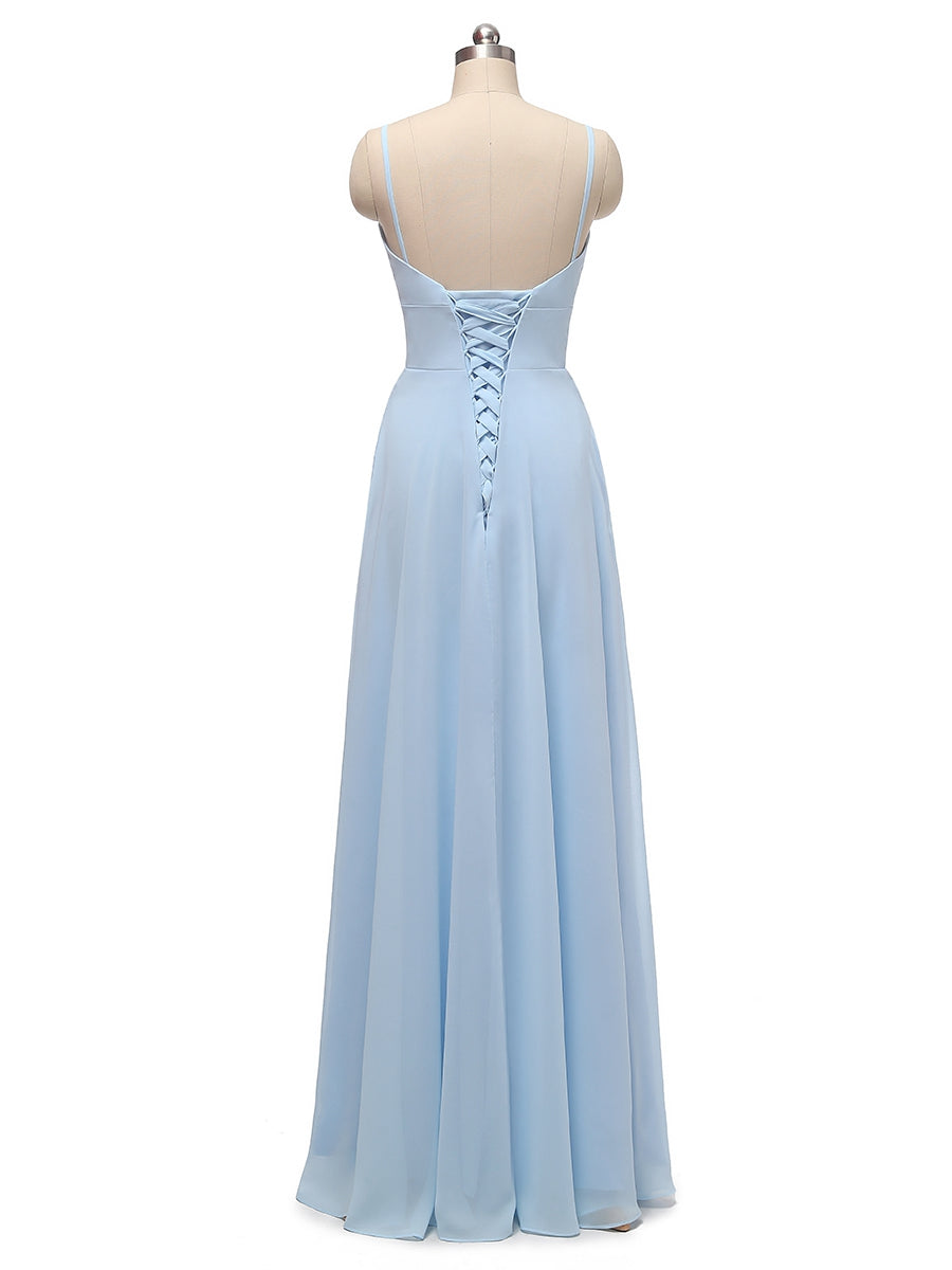 A-Line/Princess Spaghetti Straps V-Neck Sleeveless Chiffon With Pleats Floor-Length Bridesmaid Dresses