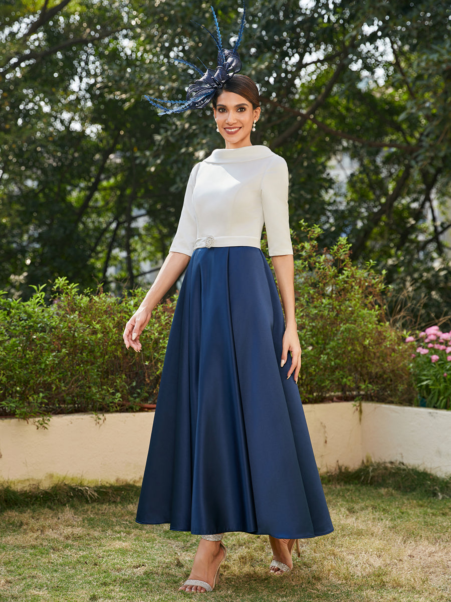 A-Line/Princess High Neck Half Sleeves Long Evening Dresses with Rhinestones