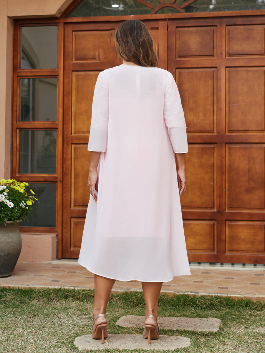 Sheath/Column Sheer Neck 3/4 Sleeves Knee-Length Plus Size Evening Dresses with Appliques & Jacket