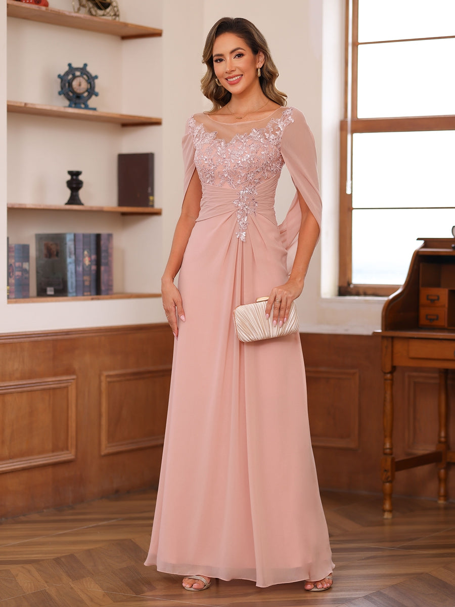 Lavetir A-Line/Princess Illusion Scoop Appliques Ruched Mother of the Bride Dresses with Cape 22461971 - Lavetir AU Lavetir A-Line/Princess Illusion Scoop Appliques Ruched Mother of the Bride Dresses with Cape 22461971 - Lavetir AU