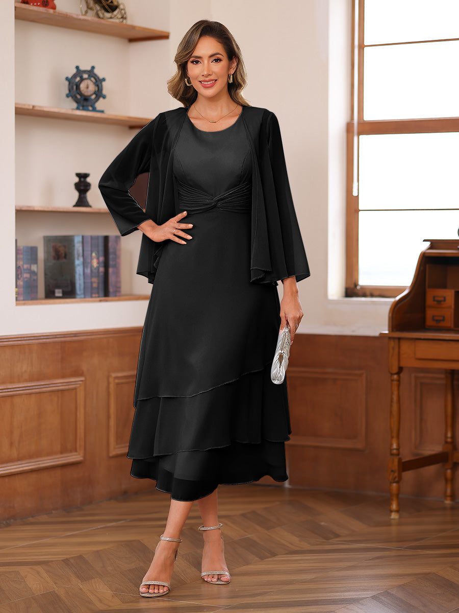 A-Line/Princess Scoop Two Pieces Tiered Mother of the Bride Dresses with Jacket